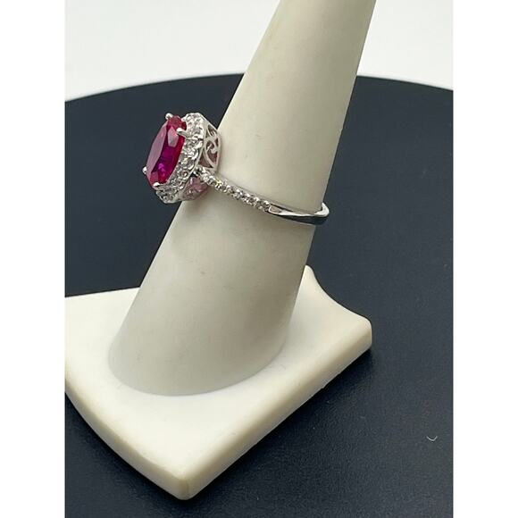 SW 925 CZ Sterling Silver Lab Created Red Ruby and CZ Halo ring Sz 7.5 - Picture 3 of 10